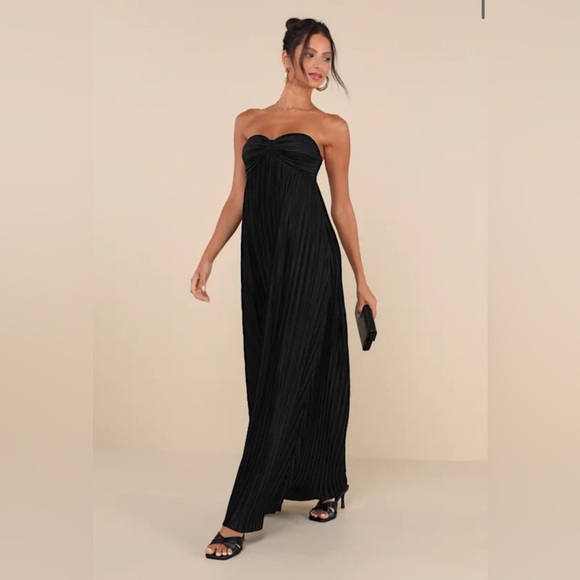Lulus Whimsical Beauty Black Satin Plisse Strapless Maxi Dress Evening Wedding M - Picture 2 of 6